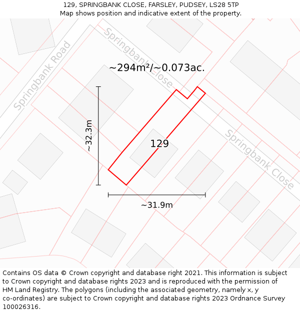 129, SPRINGBANK CLOSE, FARSLEY, PUDSEY, LS28 5TP: Plot and title map