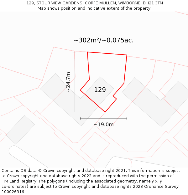 129, STOUR VIEW GARDENS, CORFE MULLEN, WIMBORNE, BH21 3TN: Plot and title map