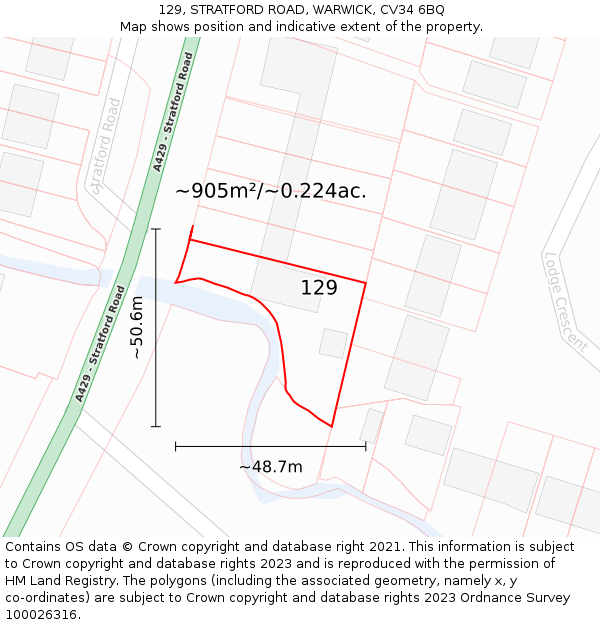 129, STRATFORD ROAD, WARWICK, CV34 6BQ: Plot and title map