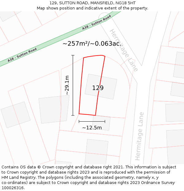 129, SUTTON ROAD, MANSFIELD, NG18 5HT: Plot and title map