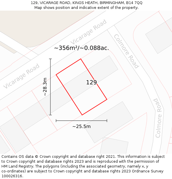 129, VICARAGE ROAD, KINGS HEATH, BIRMINGHAM, B14 7QQ: Plot and title map