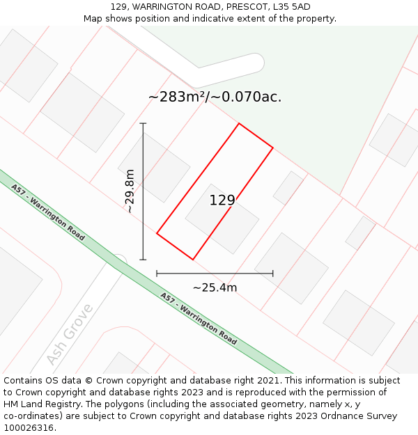 129, WARRINGTON ROAD, PRESCOT, L35 5AD: Plot and title map