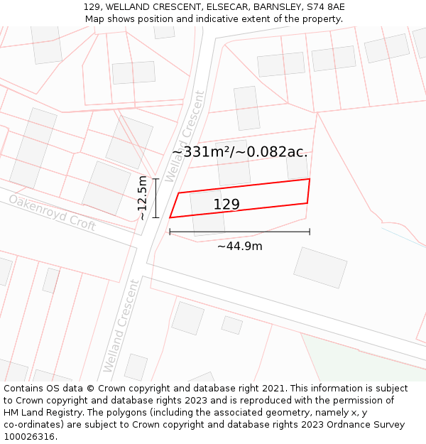 129, WELLAND CRESCENT, ELSECAR, BARNSLEY, S74 8AE: Plot and title map