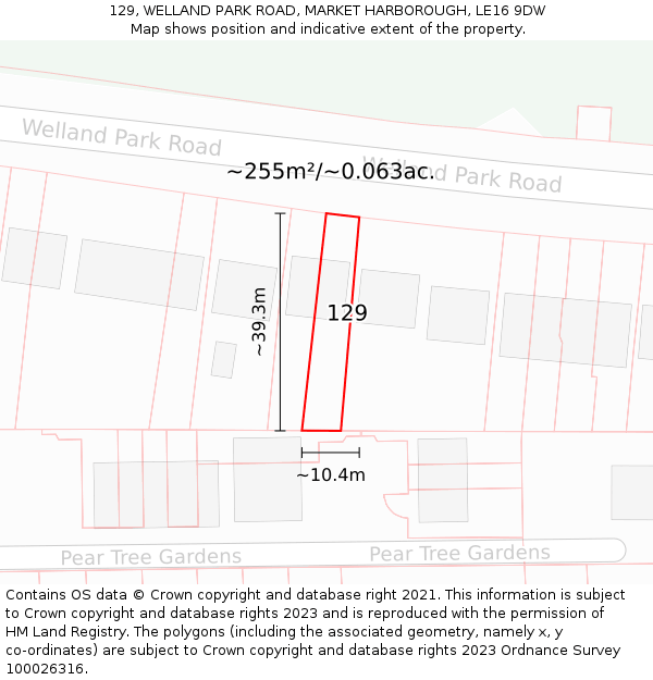 129, WELLAND PARK ROAD, MARKET HARBOROUGH, LE16 9DW: Plot and title map