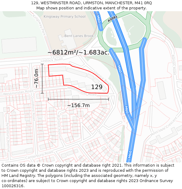 129, WESTMINSTER ROAD, URMSTON, MANCHESTER, M41 0RQ: Plot and title map