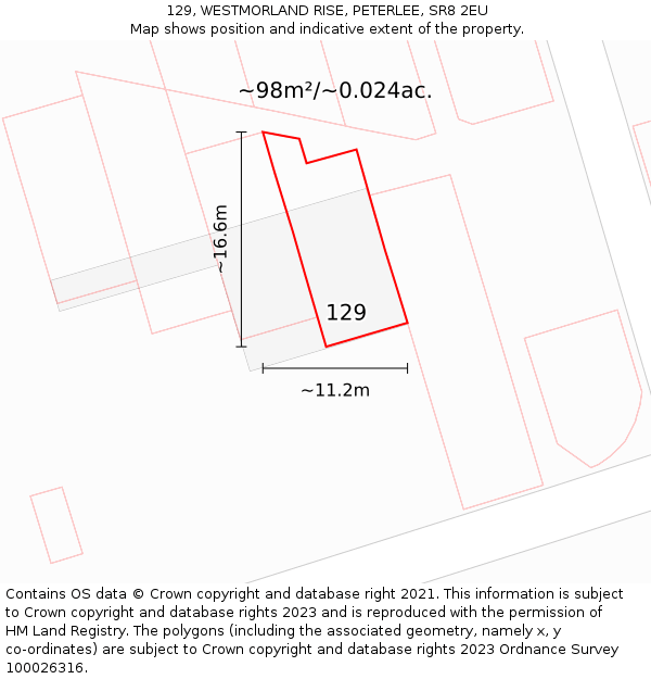 129, WESTMORLAND RISE, PETERLEE, SR8 2EU: Plot and title map