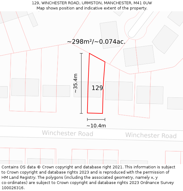 129, WINCHESTER ROAD, URMSTON, MANCHESTER, M41 0UW: Plot and title map