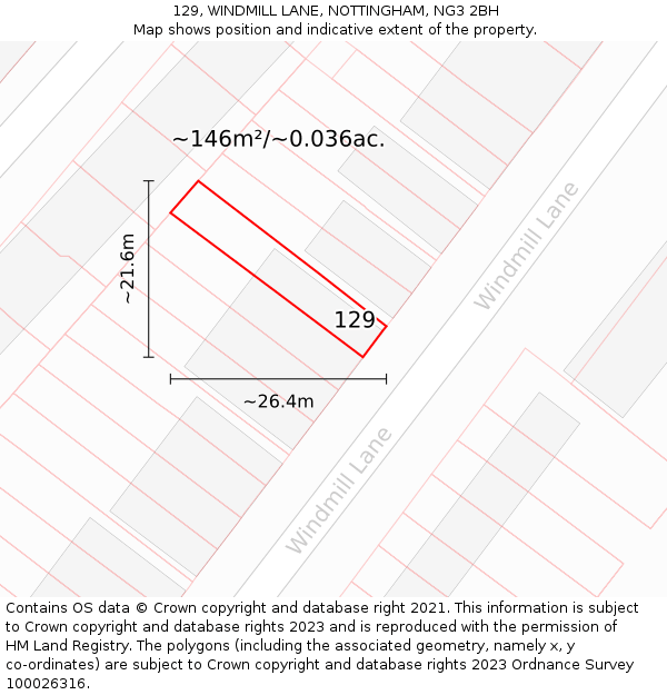 129, WINDMILL LANE, NOTTINGHAM, NG3 2BH: Plot and title map