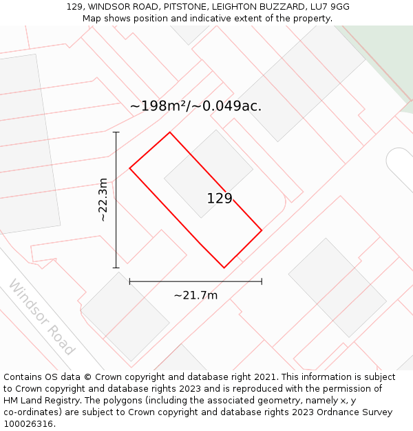 129, WINDSOR ROAD, PITSTONE, LEIGHTON BUZZARD, LU7 9GG: Plot and title map