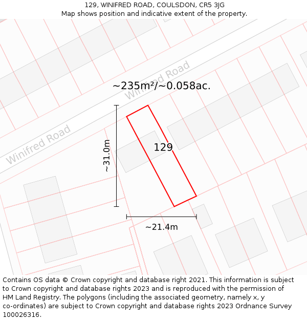 129, WINIFRED ROAD, COULSDON, CR5 3JG: Plot and title map
