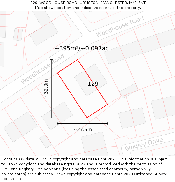 129, WOODHOUSE ROAD, URMSTON, MANCHESTER, M41 7NT: Plot and title map