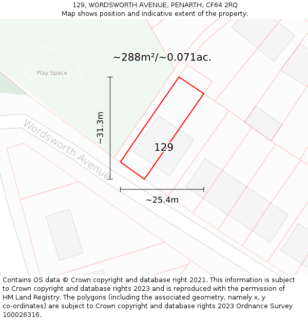 129, WORDSWORTH AVENUE, PENARTH, CF64 2RQ: Plot and title map