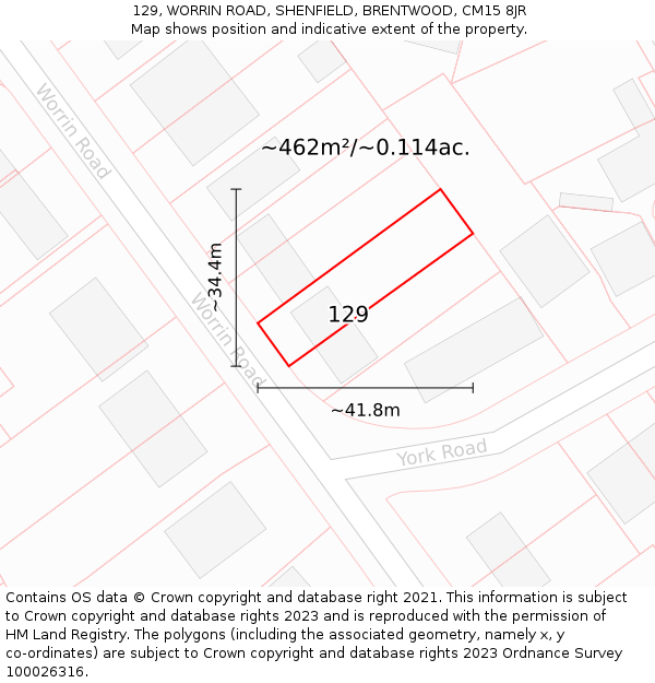 129, WORRIN ROAD, SHENFIELD, BRENTWOOD, CM15 8JR: Plot and title map