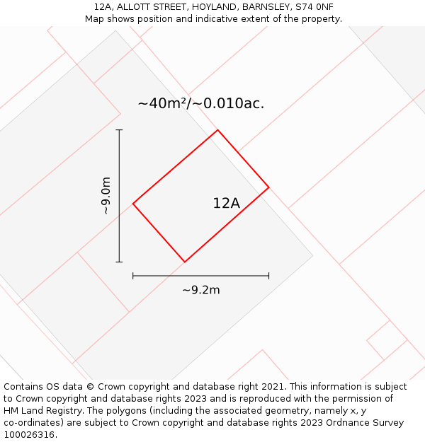 12A, ALLOTT STREET, HOYLAND, BARNSLEY, S74 0NF: Plot and title map