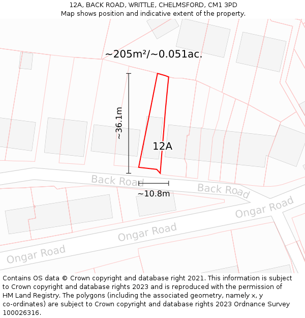 12A, BACK ROAD, WRITTLE, CHELMSFORD, CM1 3PD: Plot and title map