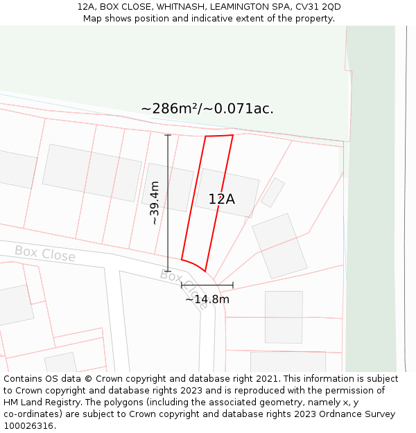 12A, BOX CLOSE, WHITNASH, LEAMINGTON SPA, CV31 2QD: Plot and title map