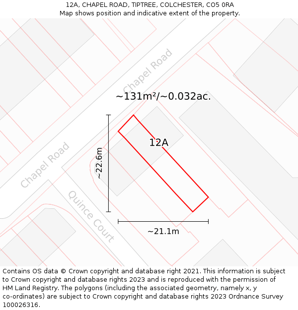 12A, CHAPEL ROAD, TIPTREE, COLCHESTER, CO5 0RA: Plot and title map