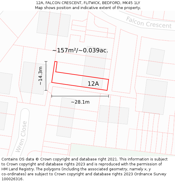 12A, FALCON CRESCENT, FLITWICK, BEDFORD, MK45 1LY: Plot and title map