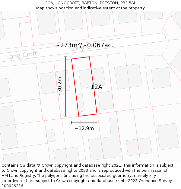 12A, LONGCROFT, BARTON, PRESTON, PR3 5AL: Plot and title map