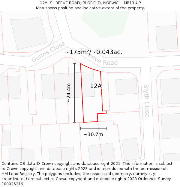 12A, SHREEVE ROAD, BLOFIELD, NORWICH, NR13 4JP: Plot and title map