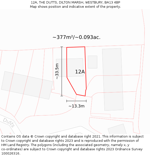 12A, THE DUTTS, DILTON MARSH, WESTBURY, BA13 4BP: Plot and title map