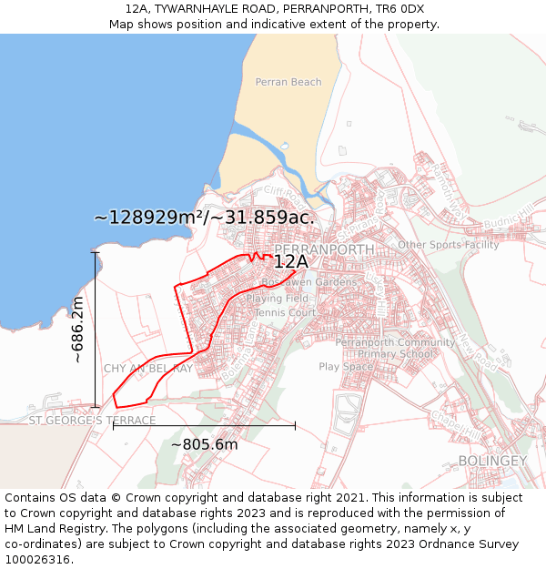 12A, TYWARNHAYLE ROAD, PERRANPORTH, TR6 0DX: Plot and title map