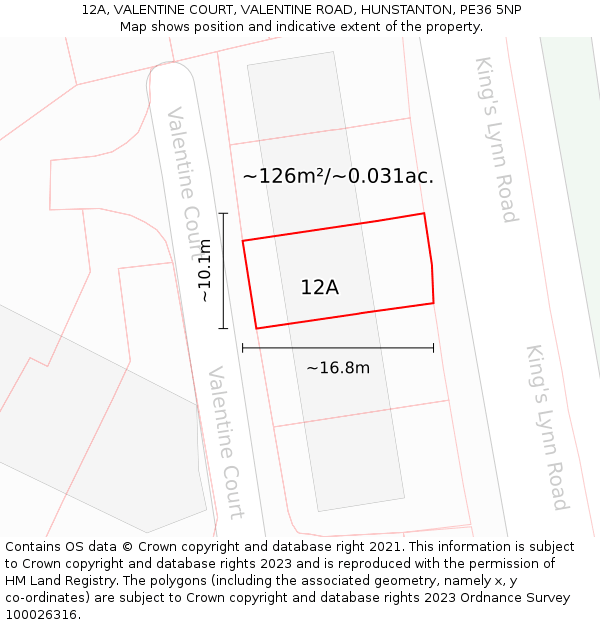 12A, VALENTINE COURT, VALENTINE ROAD, HUNSTANTON, PE36 5NP: Plot and title map