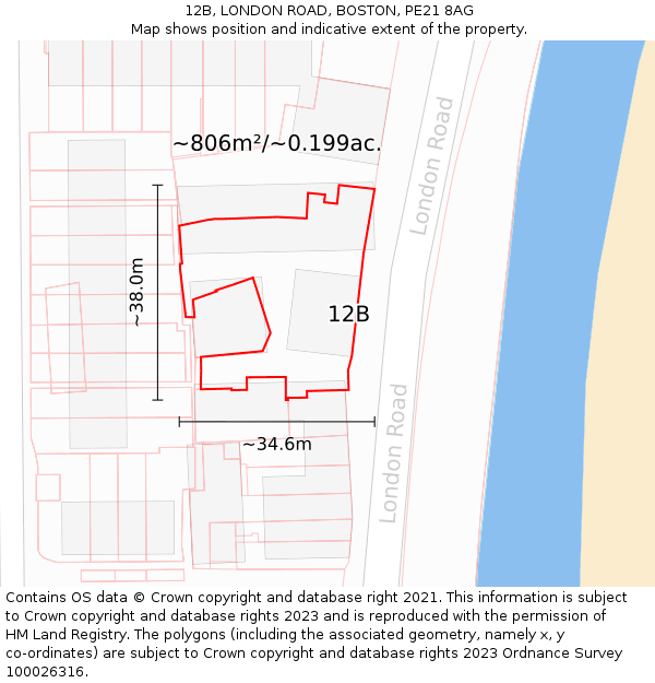 12B, LONDON ROAD, BOSTON, PE21 8AG: Plot and title map