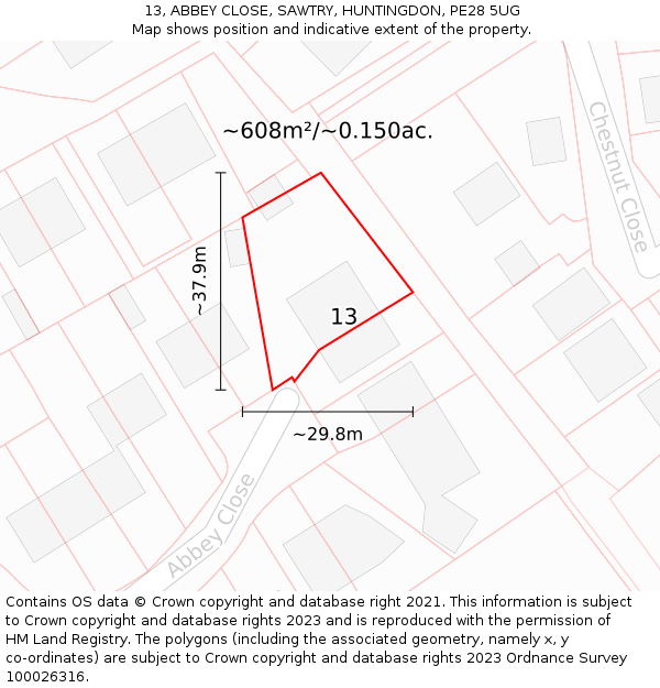 13, ABBEY CLOSE, SAWTRY, HUNTINGDON, PE28 5UG: Plot and title map