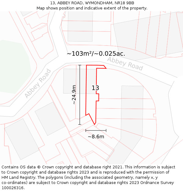 13, ABBEY ROAD, WYMONDHAM, NR18 9BB: Plot and title map