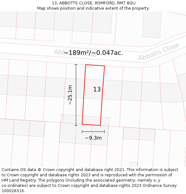 13, ABBOTTS CLOSE, ROMFORD, RM7 8QU: Plot and title map