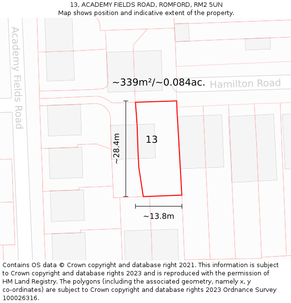 13, ACADEMY FIELDS ROAD, ROMFORD, RM2 5UN: Plot and title map