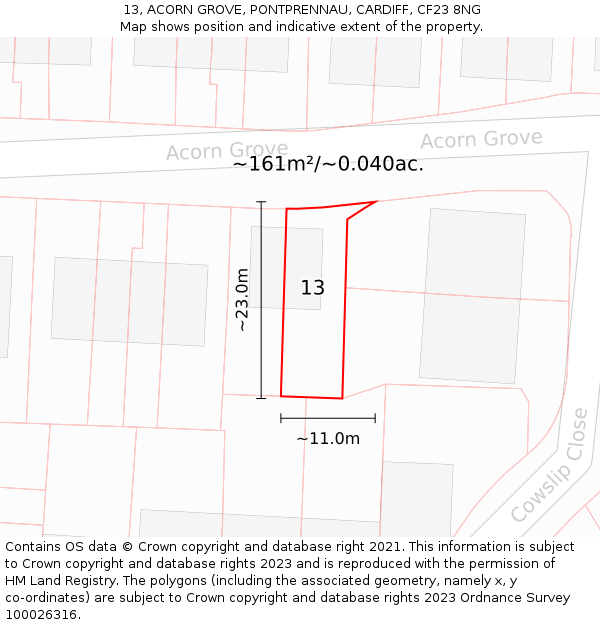 13, ACORN GROVE, PONTPRENNAU, CARDIFF, CF23 8NG: Plot and title map