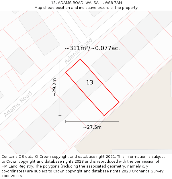 13, ADAMS ROAD, WALSALL, WS8 7AN: Plot and title map