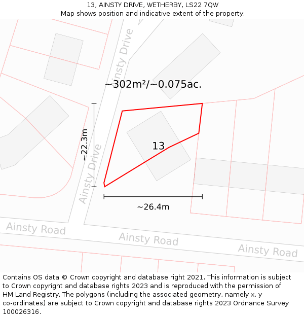 13, AINSTY DRIVE, WETHERBY, LS22 7QW: Plot and title map