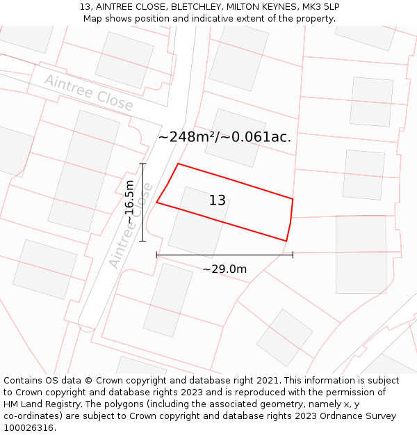 13, AINTREE CLOSE, BLETCHLEY, MILTON KEYNES, MK3 5LP: Plot and title map