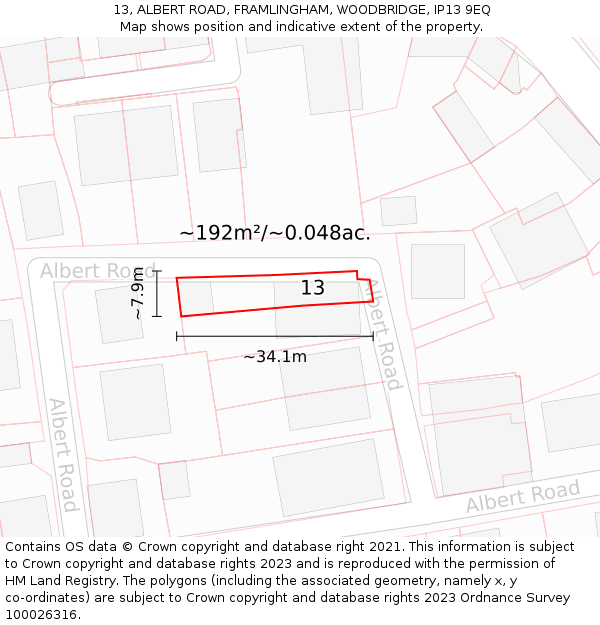 13, ALBERT ROAD, FRAMLINGHAM, WOODBRIDGE, IP13 9EQ: Plot and title map