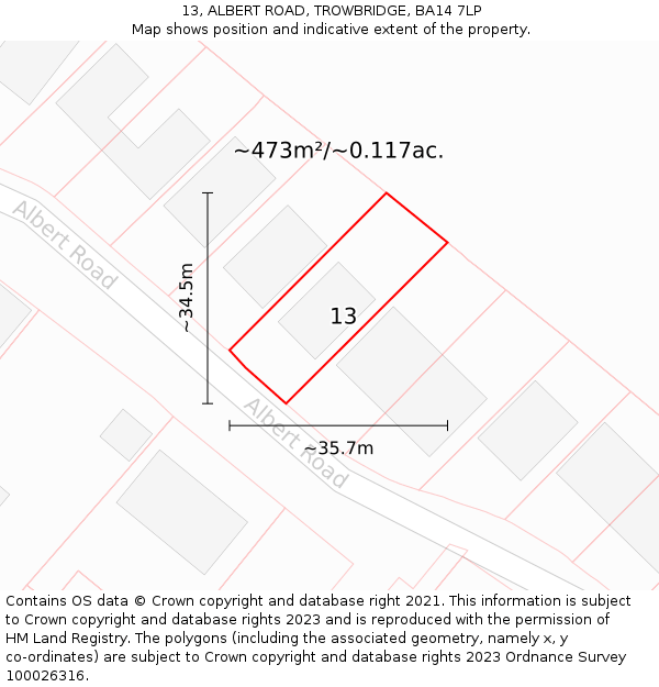 13, ALBERT ROAD, TROWBRIDGE, BA14 7LP: Plot and title map