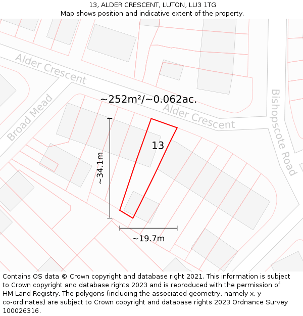 13, ALDER CRESCENT, LUTON, LU3 1TG: Plot and title map