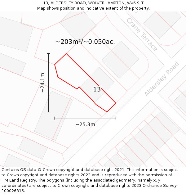13, ALDERSLEY ROAD, WOLVERHAMPTON, WV6 9LT: Plot and title map
