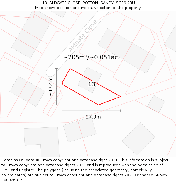 13, ALDGATE CLOSE, POTTON, SANDY, SG19 2RU: Plot and title map