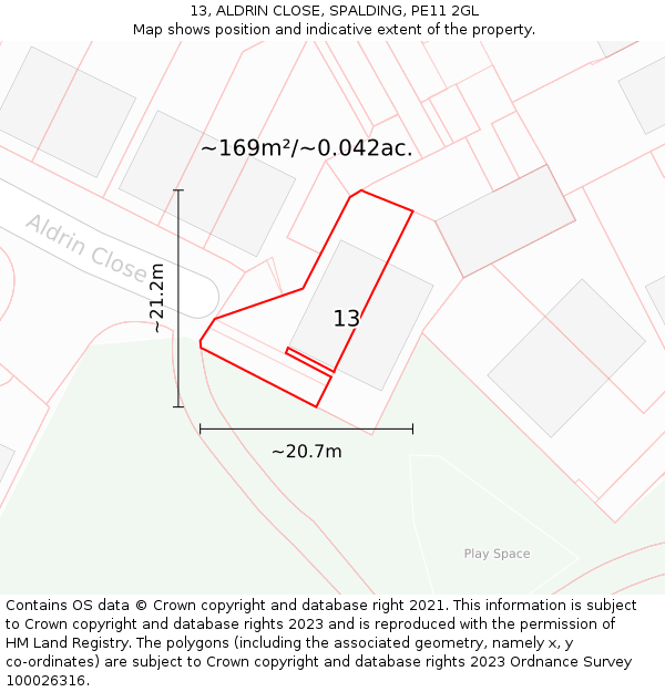 13, ALDRIN CLOSE, SPALDING, PE11 2GL: Plot and title map