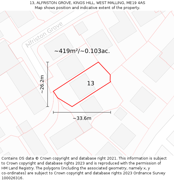 13, ALFRISTON GROVE, KINGS HILL, WEST MALLING, ME19 4AS: Plot and title map