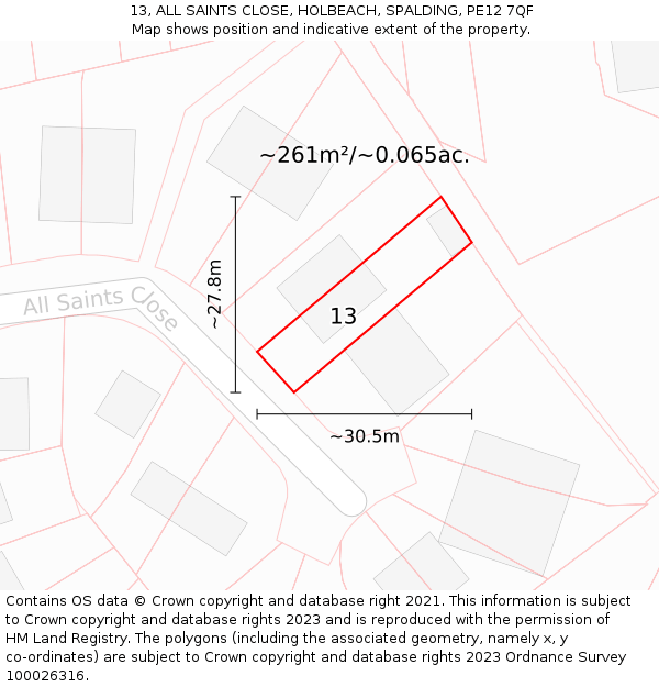 13, ALL SAINTS CLOSE, HOLBEACH, SPALDING, PE12 7QF: Plot and title map