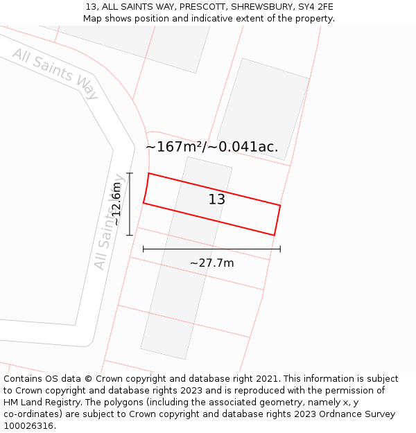 13, ALL SAINTS WAY, PRESCOTT, SHREWSBURY, SY4 2FE: Plot and title map