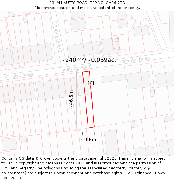 13, ALLNUTTS ROAD, EPPING, CM16 7BD: Plot and title map