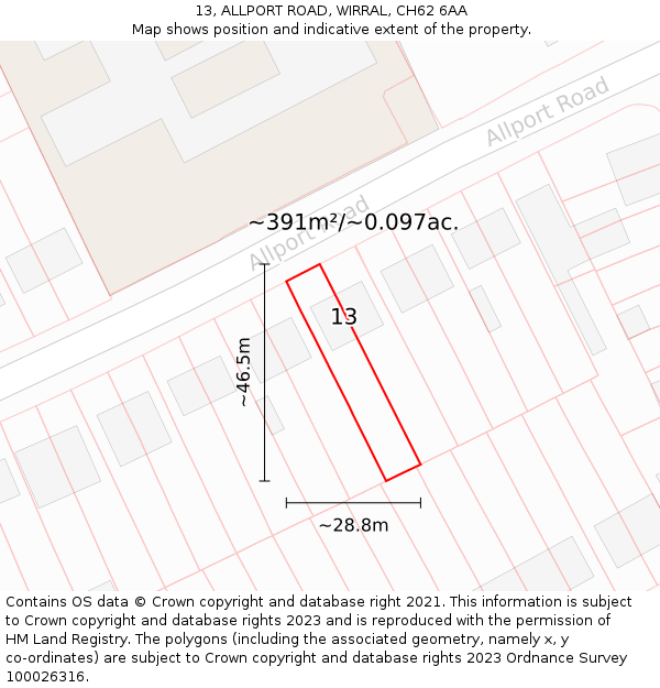 13, ALLPORT ROAD, WIRRAL, CH62 6AA: Plot and title map