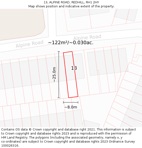 13, ALPINE ROAD, REDHILL, RH1 2HY: Plot and title map