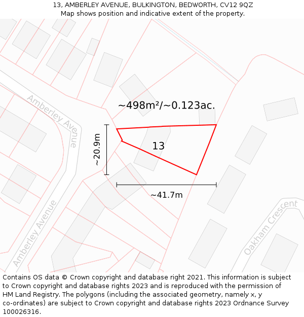 13, AMBERLEY AVENUE, BULKINGTON, BEDWORTH, CV12 9QZ: Plot and title map