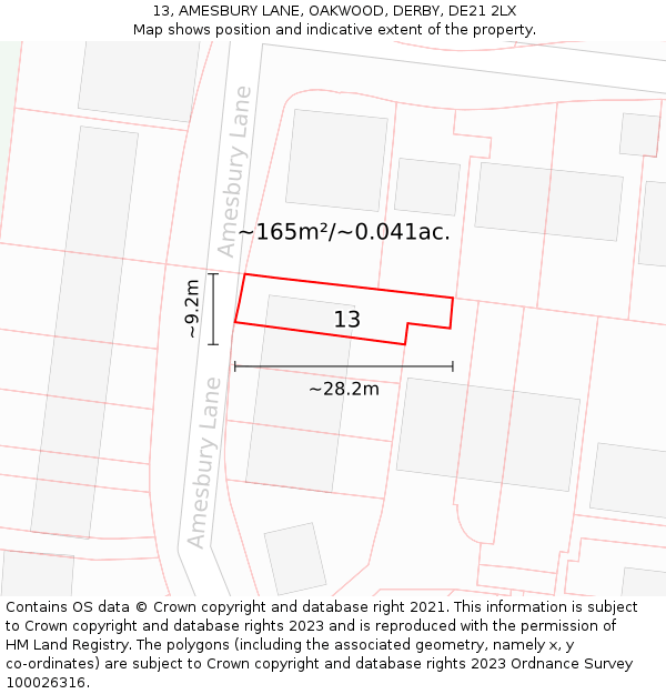 13, AMESBURY LANE, OAKWOOD, DERBY, DE21 2LX: Plot and title map